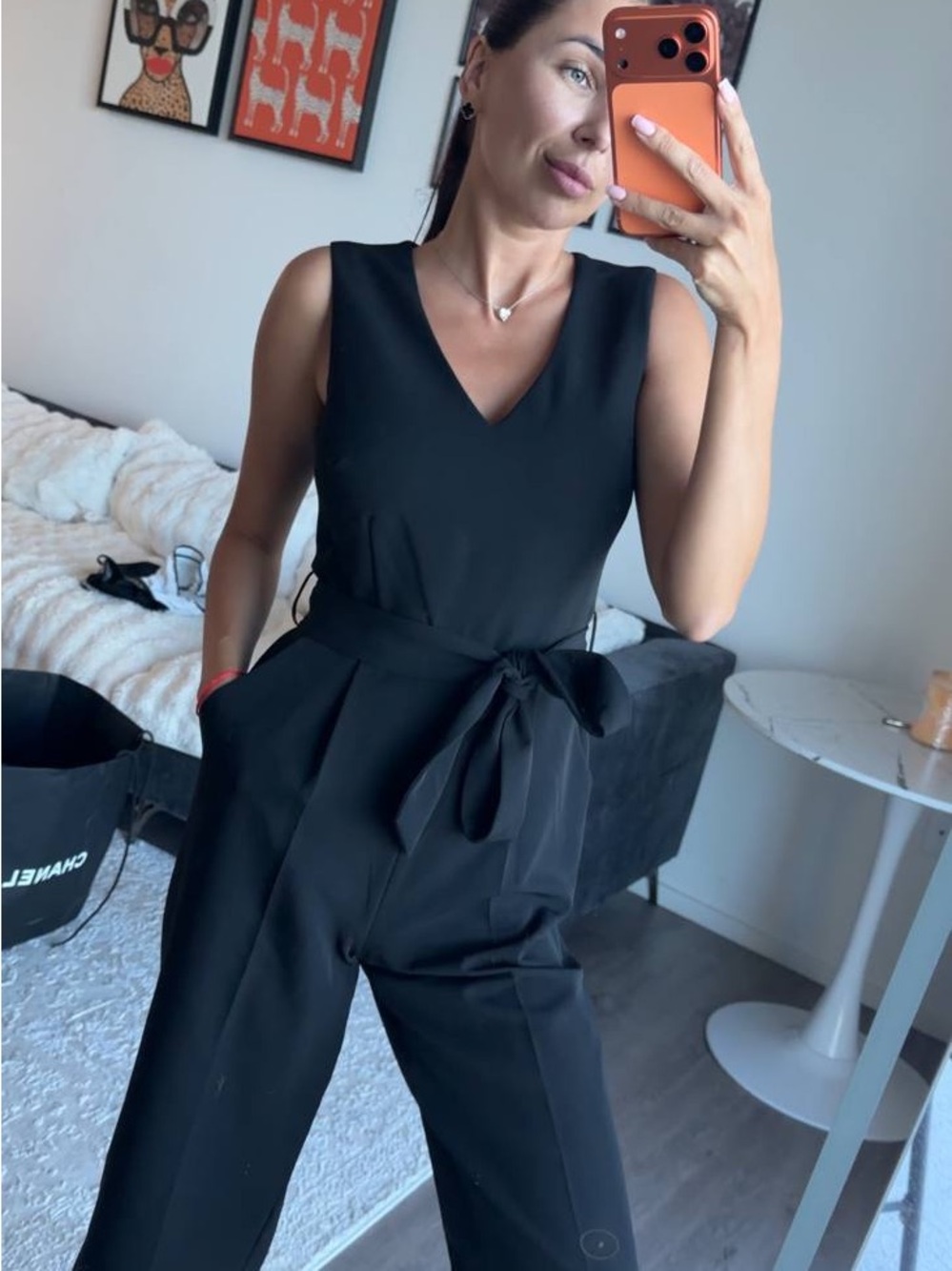 Vince Camuto Black Sleeveless V-Neck Waist-Tie Jumpsuit